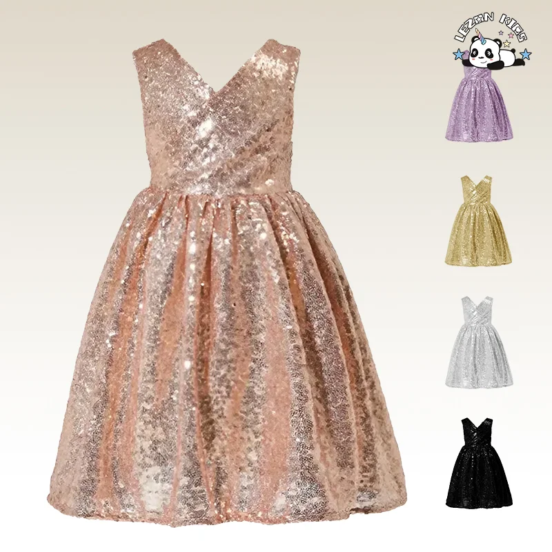 LEZONKIDS - Novo Vestido de Lantejoulas para Meninas, Saia Brilhante, Vestido de Malha Infantil, Vestido de Bolo com Laço Grande
